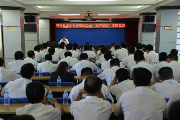 6月5日，蒼梧縣水利電業(yè)有限公司開(kāi)展 “三嚴(yán)三實(shí)”專(zhuān)題教育黨課暨黨風(fēng)廉政教育培訓(xùn)，黨課邀請(qǐng)蒼梧縣人民檢察副檢察長(zhǎng)莫孔文為